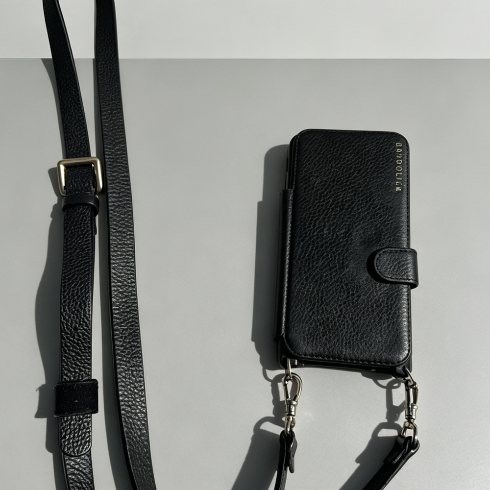 Bandolier Black Leather Crossbody Phone Case with Adjustable Strap